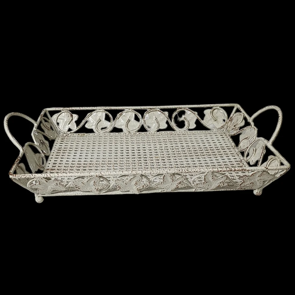 Vintage Style Shabby Chic Metal Footed Tray‎ Basket Like New